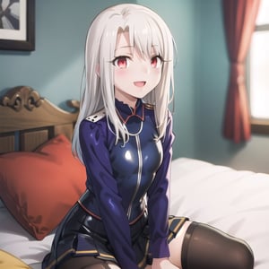 bedroom_background, high_resolution, best quality, extremely detailed, HD, 8K, detalied_face,
figure_sexy, illyasviel von einzbern ubw, 133 cm, 1 girl, small_breasts, long hair, happy face, cheerful eyes, red eyes, over knee stockings, sit_on, (latexsuit_outfit)), (long_skirt), 