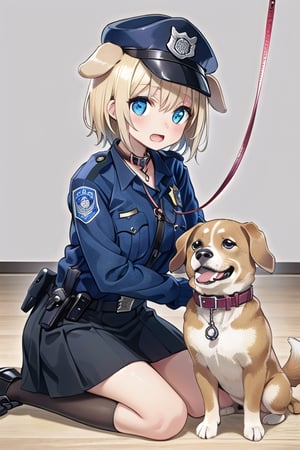 Bar_background, high_resolution, best quality, dark, extremely detailed, HD, 8K, small_breasts, blonde_hair, short_hair, dog_ears, dog_collar, (dog_leash:1.2), (police_outfit:1.4), sit_on_floor, skirt, hat , open_mouth, (dark:1.5)