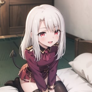 bedroom_background, high_resolution, best quality, extremely detailed, HD, 8K, detalied_face,
figure_sexy, illyasviel von einzbern ubw, 133 cm, 1 girl, small_breasts, long hair, happy face, cheerful eyes, red eyes, over knee stockings, sit_on, (demon_outfit), 