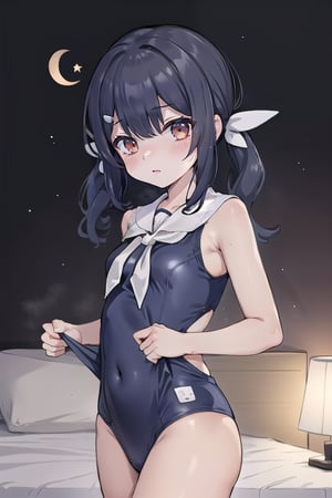 bedroom_background, high_resolution, best quality, extremely detailed, HD, 8K, 1_girl, solo, figure_sexy,  black hair, brown eyes, hairclip, bangs
miyumagirl, twintails, long hair, hair ornament, magical girl, (school_swimsuit1.4), , Blora,  (night:1.6), 