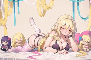 bedroom_background, high_resolution, best quality, extremely detailed, HD, 8K, 
1 girl, solo, figure_sexy, hot, 170 cm, tall_girl, (huge_breasts:1.2), collarbone, (blonde_hair:2.0), no_emotions, (pink_bikini:1.2),  (closed_eyes:1.5), (sit_on_bed:1.0), (doll_joints:1.6), navel, thong_panties, ass, butt_cheeks