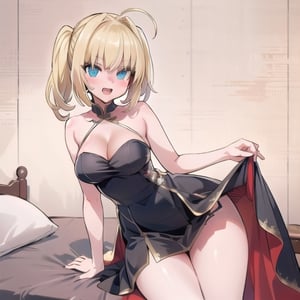 Bedroom_background, high_resolution, best quality, extremely detailed, HD, 8K, detalied_face,
figure_sexy, 150 cm, 1 girl, big breasts, ahegao, (blonde_hair:1.3), blue eyes, Nero, , long_dress/china_dress, bare_shoulders, thighs