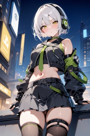 city_background, high_resolution, best quality, extremely detailed, HD, 8K, masterpiece, best quality, very aesthetic, absurdres, (newest) explicit, 1 girl, emotionless, figure_sexy, hot, (night:1.0), short hair, bangs, skirt,  thighhighs, gloves, navel, black jacket, yellow eyes, , white hair, pleated skirt, black gloves, midriff, belt, black thighhighs, fingerless gloves, black skirt, thigh strap, detached sleeves, cropped jacket, green choker, headphones, black pleated skirt, anby demara