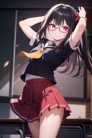 Classroom_background, high_resolution, best quality, extremely detailed, HD, 8K, 1_girl, solo, figure_sexy, flat_chest, long_hair, low_stature, sparkle, hanabi, red eyes, (school_uniform:1.4), eye_glasses, (dynamic_pose:1.2), arms_raised, dancing, smug_face, (darkness:1.6)