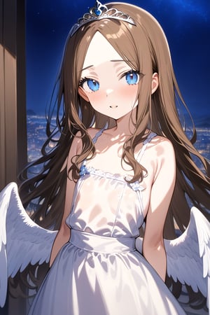 Heaven_background, high_resolution, best quality, extremely detailed, HD, 8K, masterpiece, best quality, very aesthetic, absurdres, (newest) explicit, 1 girl,  figure_sexy, hot, (night:1.0), blue eyes, long hair, brown hair, forehead, sidelocks , flat_chest, short_stature, white_dress, onepiece, bare_shoulder, skirt, angel_wings, flowers_tiara