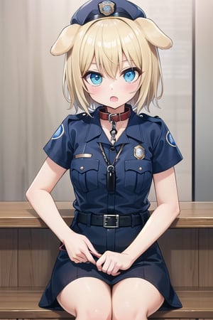 Bar_background, high_resolution, best quality, dark, extremely detailed, HD, 8K, small_breasts, blonde_hair, short_hair, dog_ears, dog_collar, (dog_leash:1.2), (police_outfit:1.4), sit_on_flooe