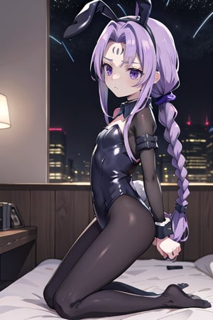 bedroom_background, high_resolution, best quality, extremely detailed, HD, 8K, 1_girl, solo, figure_sexy, flat_chest, low_stature, Blora, medusa lily, medusa (fate), long hair, (purple eyes:1.1), purple hair, sidelocks, braid, braided ponytail, (parted bangs:1.8), (bunny_suit:1.4),, (emotionless:1.4), (night:1.4), (dynamic_pose:1.2), , , forehead, kneeling_down, (from_side:1.4), 