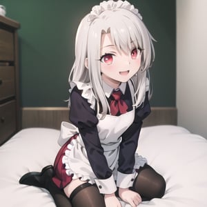 bedroom_background, high_resolution, best quality, extremely detailed, HD, 8K, detalied_face,
figure_sexy, illyasviel von einzbern ubw, 133 cm, 1 girl, small_breasts, long hair, happy face, cheerful eyes, red eyes, over knee stockings, sit_on, (Maid_outfit), (skirt),