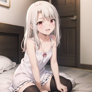 bedroom_background, high_resolution, best quality, extremely detailed, HD, 8K, detalied_face,
figure_sexy, illyasviel von einzbern ubw, 133 cm, 1 girl, small_breasts, long hair, happy face, cheerful eyes, red eyes, over knee stockings, sit_on, Nightgown