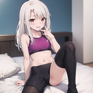 bedroom_background, high_resolution, best quality, extremely detailed, HD, 8K, detalied_face,
figure_sexy, illyasviel von einzbern ubw, 133 cm, 1 girl, small_breasts, long hair, happy face, cheerful eyes, red eyes, over knee stockings, sit_on, sport_bra/leggings