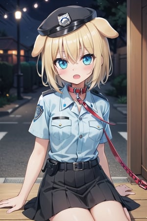 Bar_background, high_resolution, best quality, dark, extremely detailed, HD, 8K, small_breasts, blonde_hair, short_hair, dog_ears, dog_collar, (dog_leash:1.2), (police_outfit:1.4), sit_on_floor, skirt, hat , open_mouth, (night:1.5)