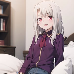 bedroom_background, high_resolution, best quality, extremely detailed, HD, 8K, detalied_face,
figure_sexy, illyasviel von einzbern ubw, 133 cm, 1 girl, small_breasts, long hair, happy face, cheerful eyes, red eyes, over knee stockings, sit_on, blouse/jeans