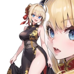 china_background, high_resolution, best quality, extremely detailed, HD, 8K, detalied_face,
figure_sexy, 150 cm, 1 girl, big breasts, ahegao, (blonde_hair:1.3), blue eyes, Nero, , long_dress/china_dress, bare_shoulders, thighs