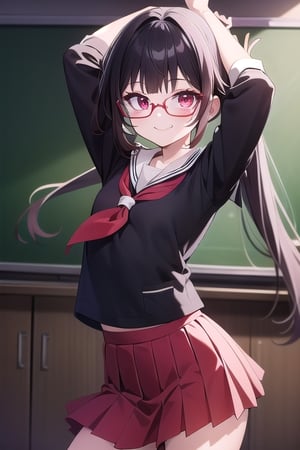 Classroom_background, high_resolution, best quality, extremely detailed, HD, 8K, 1_girl, solo, figure_sexy, flat_chest, long_hair, low_stature, sparkle, hanabi, red eyes, (school_uniform:1.4), eye_glasses, (dynamic_pose:1.2), arms_raised, dancing, smug_face, (darkness:1.4)