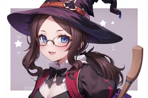 Halloween_background, high_resolution, best quality, extremely detailed, HD, 8K, detalied_face,
figure_sexy, 1girl, davinci, (witch_hat:1.2), glasses, (witch_outfit:1.6),  