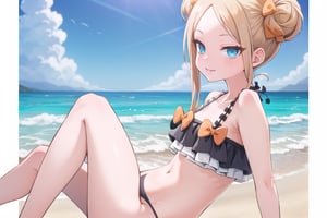 beach_background, high_resolution, best quality, extremely detailed, HD, 8K, detalied_face,
figure_sexy, 133 cm, 1 girl, long hair, smug face, cheerful eyes, (from_side:1.4), hmaw4, long hair, double bun, black bikini, collarbone, sitting_down, arms_raised, knees_together