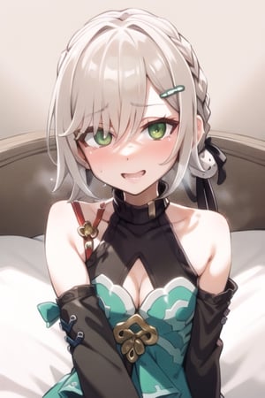 bedroom_background, high_resolution, best quality, extremely detailed, HD, 8K, detalied_face,
figure_sexy, 133 cm, little girl, tiny_girl, lolicon, qingque, brown hair, long hair, green eyes, hair ornament, hairclip, long sleeves, bare shoulders, clothing cutout, shoulder cutout, cleavage, collarbone 



, 