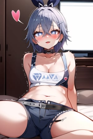 bedroom_background, high_resolution, best quality, extremely detailed, HD, 8K, detalied_face,
figure_sexy, 133 cm, little girl, tiny_girl, SilverWolfV5, tiny_breasts, small_breasts, head_on, cleavage, collarbone, short_pants, ahoge, heart-shaped_pupils, waist_grab, 