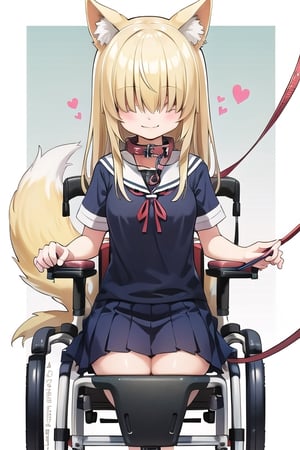 School_background, high_resolution, best quality, dark, extremely detailed, HD, 8K, , figure_sexy, solo, (small_breasts:1.2), apathetic, (tiny_girl:1.2) smile, blonde_hair, long_hair, (sit_on_wheelchair:1.4), kitsune_ears, black_cat_collar, (leash:1.4), (school_uniform:1.2), , upper_body, Hair over eyes,