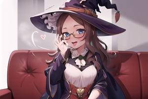 Halloween_background, high_resolution, best quality, extremely detailed, HD, 8K, detalied_face,
figure_sexy, 1girl, davinci, (witch_hat:1.2), glasses, (witch_outfit:1.6),  upper_body, sofa, felges