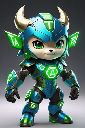 Hexatron, mascot, chibi, blue and green, electric effect, the letters "TA" marked in the mascot chest, High definition, Photo detailed, intricate, production cinematic character render, ultra high quality model,