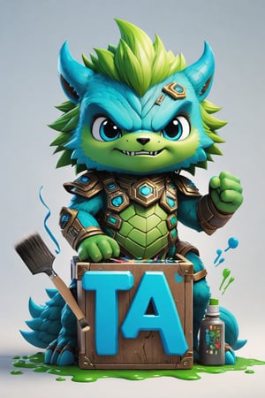 Hexatron, mascot, chibi, blue and green, paint brush, electric effect, the letters "TA" marked in the mascot chest, High definition, Photo detailed, intricate, production cinematic character render, ultra high quality model,Monster,Leonardo Style, illustration