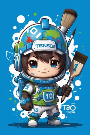 a mascot for tensor.art, chibi futuristic, put the letters (TA) on the chest, and the number 10 on the forehead, smile, main color blue with white and green, holding artist's paint brush, electric effect, Highy detailed, intricate, ultra high quality model, ,Leonardo Style