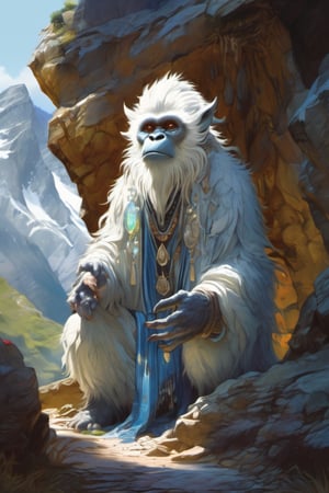 a very mysterious Yeti sorcerer near a cave in Tibet, watercolor painting, Jean-Baptiste Monge style, bright, beautiful in spring, splash, big perfect eyes, Glittering, cute and adorable, filigree, rim lighting, lights, magic, surreal, fantasy, awe inspiring, dreamlike, wlop, artgerm and james jean, digital Art, perfect composition, beautiful detailed, intricate, insanely detailed octane render trending on artstation, 8 k artistic, Broken Glass effect, no background, stunning, something that even doesn't exist, mythical being, energy, molecular, textures, iridescent and luminescent scales, breathtaking beauty, pure perfection, divine presence, unforgettable, impressive, breathtaking beauty, Volumetric light, auras, rays, vivid colors reflects