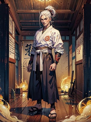A young fierce warrior, his long white hair tied back in a samurai knot, stands in a dojo surrounded by ancient scrolls