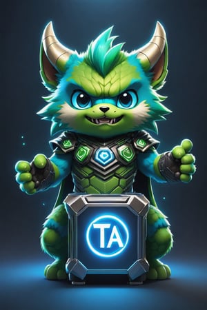 Hexatron, mascot, chibi, blue and green, electric effect, the letters "TA" marked in the mascot chest, High definition, Photo detailed, intricate, production cinematic character render, ultra high quality model,Monster,Leonardo Style, illustration