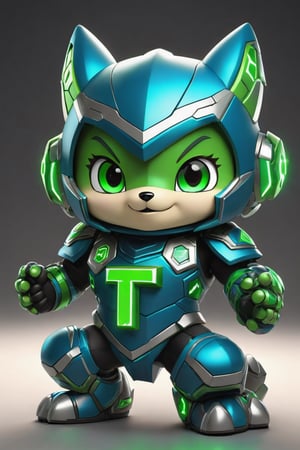 Hexatron, mascot, chibi, blue and green, electric effect, the letters "TA" marked in the mascot chest, High definition, Photo detailed, intricate, production cinematic character render, ultra high quality model,