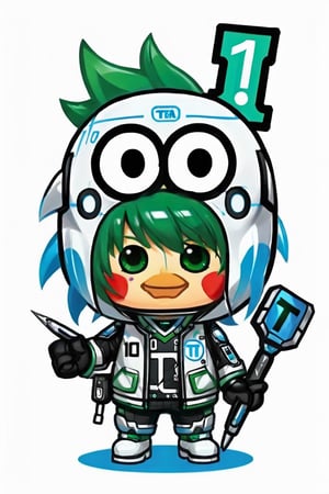 a mascot for tensor.art, chibi futuristic, put the letters (TA) on the chest, and the number 10 on the forehead, smile, main color blue with white and green, holding artist's paint brush, electric effect, white background, Highy detailed, intricate, ultra high quality model,kunkun