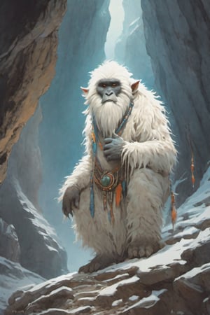 a very mysterious Yeti sorcerer near a cave in Tibet, watercolor painting, Jean-Baptiste Monge style, bright, beautiful in spring, splash, big perfect eyes, Glittering, cute and adorable, filigree, rim lighting, lights, magic, surreal, fantasy, awe inspiring, dreamlike, wlop, artgerm and james jean, digital Art, perfect composition, beautiful detailed, intricate, insanely detailed octane render trending on artstation, 8 k artistic, stunning, something that even doesn't exist, mythical being, textures, breathtaking beauty, pure perfection, divine presence, unforgettable, impressive, breathtaking beauty, Volumetric light, auras, rays, vivid colors reflects,greg rutkowski,painting by jakub rozalski