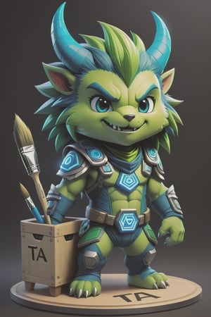 Hexatron, mascot, chibi, blue and green, paint brush, (the letters TA marked on the mascot chest), electric effect, High definition, Photo detailed, intricate, production cinematic character render, ultra high quality model,Monster,Leonardo Style, illustration