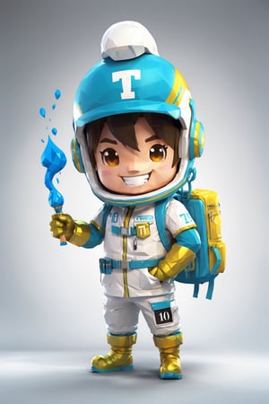 a mascot for tensor.art, chibi futuristic, put the letters (TA) on the chest, the number 10 on the forehead, smile, main color blue with white and green, holding artist's paint brush, electric effect, white background, Highy detailed, intricate, ultra high quality model,