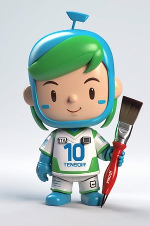 a mascot for tensor.art, chibi futuristic, put the letters (TA) on the chest, and the number 10 on the forehead, smile, main color blue with white and green, holding artist's paint brush, electric effect, white background, Highy detailed, intricate, ultra high quality model,toy_face