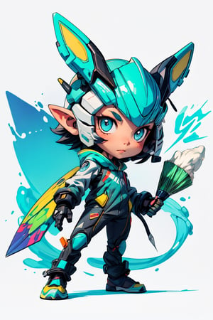 a mascot design, chibi, futuristic, main color blue with white and green, artist's paintbrush, "tensor art" logo, text "TA" on the mascot, electric effect,