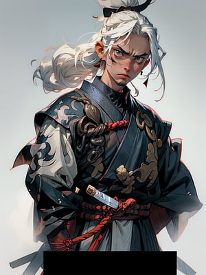 A samurai, welding a wooden sword, long white hair, long hair, serious look, samurai uniform, action scene, 4k, 8k wallpaper, volumatric lighting, vector illustration, watercolor