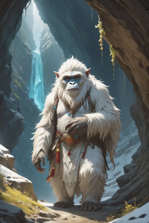 a very mysterious Yeti sorcerer near a cave in Tibet, watercolor painting, Jean-Baptiste Monge style, bright, beautiful in spring, splash, big perfect eyes, Glittering, cute and adorable, filigree, rim lighting, lights, magic, surreal, fantasy, awe inspiring, dreamlike, wlop, artgerm and james jean, digital Art, perfect composition, beautiful detailed, intricate, insanely detailed octane render trending on artstation, 8 k artistic, stunning, something that even doesn't exist, mythical being, textures, breathtaking beauty, pure perfection, divine presence, unforgettable, impressive, breathtaking beauty, Volumetric light, auras, rays, vivid colors reflects,greg rutkowski,painting by jakub rozalski