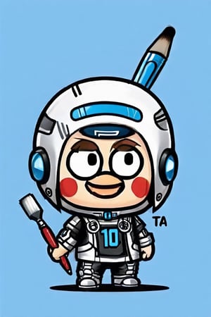 a mascot for tensor.art, chibi futuristic, put the letters (TA) on the chest, and the number 10 on the forehead, smile, main color blue with white, holding artist's paint brush, electric effect, white background, Highy detailed, intricate, ultra high quality model,kunkun