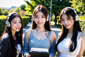 8k, highly detailed, UHD, hyperrealistic image, two girls, one middle aged girl, wearing headphones, listening to music, enjoying music, happily smiling,