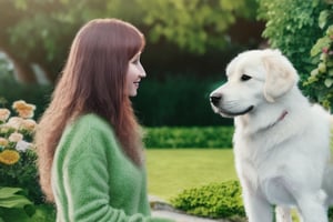 A 8K hyper realistic image of a beautiful dog looking at his beautiful girl owner with fluffy hairs, standing position, in a green and colorful beautiful garden,hd 8K --ar 