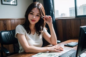 A 8K hyper realistic image of a beautiful girl with a millionaire mindset sitting in a posh office full of dollar currency and happily counting and smiling,hd 8K --ar 