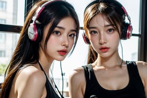 8k, highly detailed, UHD, hyperrealistic image, two girls, one middle aged girl, wearing headphones, listening to music, enjoyinh music