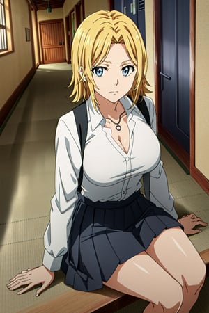 rangiku, solo, closed white shirt, short gray skirt, sitting, blonde hair, school hallway, medium breasts big breasts, 