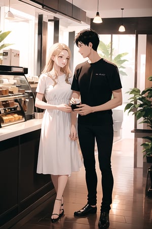 Mother and son talking about something mother with white dress son with black T-shirt. Coffee shop background