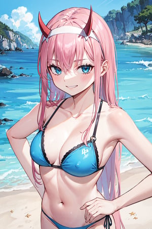 Masterpiece, high quality, best quality,  (extremely detailed), intricately detailed, (natural lighting), BREAK upper body shot, slightly above, 1girl, zero two, tiny horns, headband, hands on hips, (evil smile:1.2), bikini, pink hair, long hair, blue eyes, medium breasts, cleavage, standing, (looking at viewer), beach,