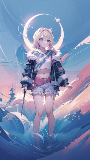 Masterpiece, high quality, ultra detailed, cinematic lighting, vibrant, richly colored, BREAK
1girl, MococoAbyssgard, anxious, parted lips, head tilt, multicolor_hair, blonde, pink highlights, jacket, crop top, shorts, BREAK beautiful serene sky,