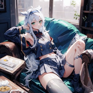 masterpiece, highres, intricate details, perfect face, perfect body proportions, perfect anatomy, cinematic lighting, 
BREAK
1girl, sistineFibelrnd, croptop, shoulder cutout, long sleeves, skirt,, sitting on couch, hand on head, (parted lips), animal ears headband, fake animal ears, green eyes, mature, medium_breasts, long hair, white_hair, 
BREAK
living room, plushies, cat, 