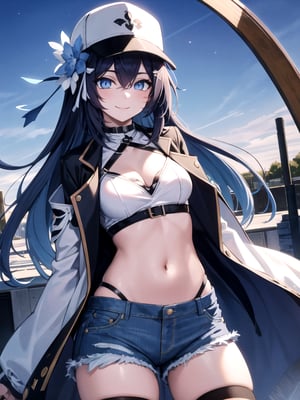 best quality, masterpiece, cinematic lighting, highly detailed, highres, 1girl, solo, cowboy shot, horb, long hair, blue highlights, blue eyes, jacket, undershirt, denim shorts, (stockings), basball cap, smile, wariza, extremely detailed background, public park,